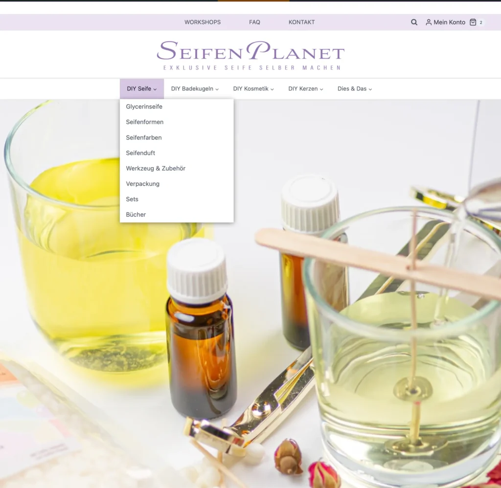 Rebranding online obchodu Seifenplanet s materiálmi na výrobu mydla a sviečok