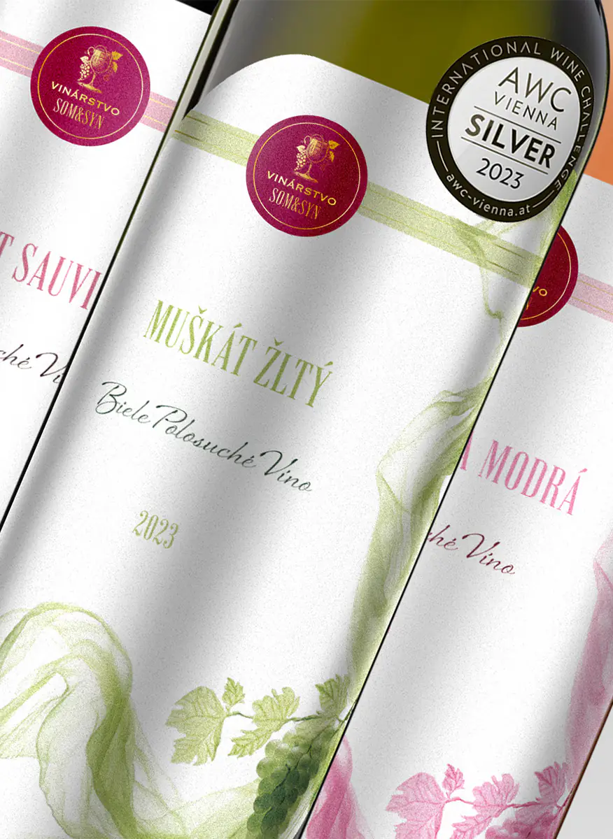 Dizajn etikety na víno Satén – elegantný dizajn s jemným motívom hrozna a ľahkou kompozíciou, detailed